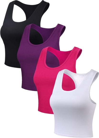 4 Pieces Basic Crop Tank Tops Sleeveless Racerback Sport Cotton Tank Tops for Women (Black, White, Rose Red, Purple,Large)